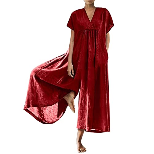 Traje de pantalón para mujer, mono de lino con solapa para mujer, elegante mono de color sólido con botón de verano, talla grande, mono largo y holgado, pierna ancha, X01-rojo, XXXXL