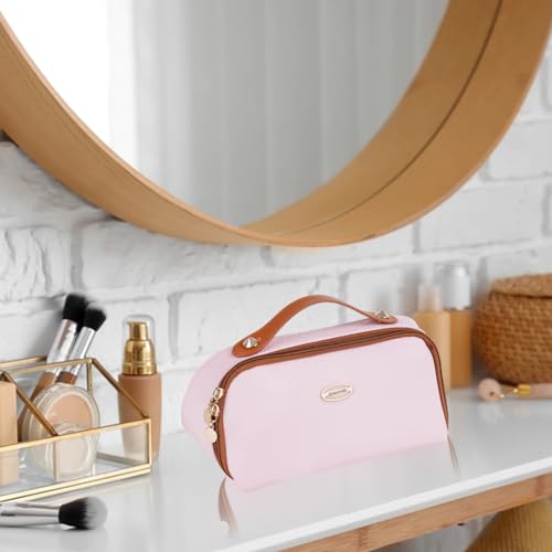 Image of SHOPPOFOBIX Makeup Pouch for Women, Litchi PU Leather Makeup Pouch for Women, Large Capacity Cosmetic Travel Bag, Portable Makeup Kit Storage Bag with Handle and Two Divider (Pink)