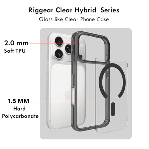 Image of RIGGEAR Shockproof Clear Hybrid Armor Magnetic Back Cover Case Compatible with MagSafe Accessories for iPhone 17 Pro Max (Clear-Black TPU Bumper + Transparent PC)(Black MagRing)