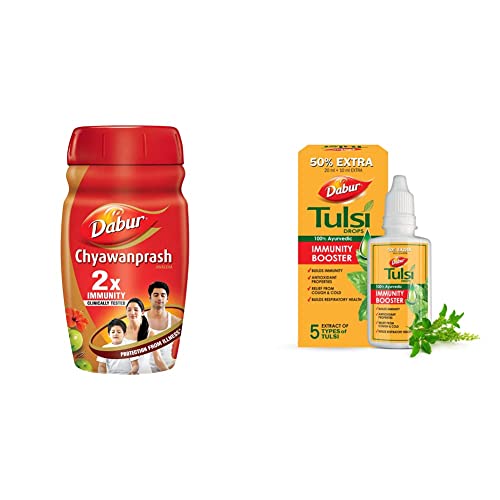 Image of Dabur Chyawanprash 2X Immunity - 1kg & DABUR Tulsi Drops- 50% Extra: Concentrated Extract of 5 Rare Tulsi for Natural Immunity Boosting & C