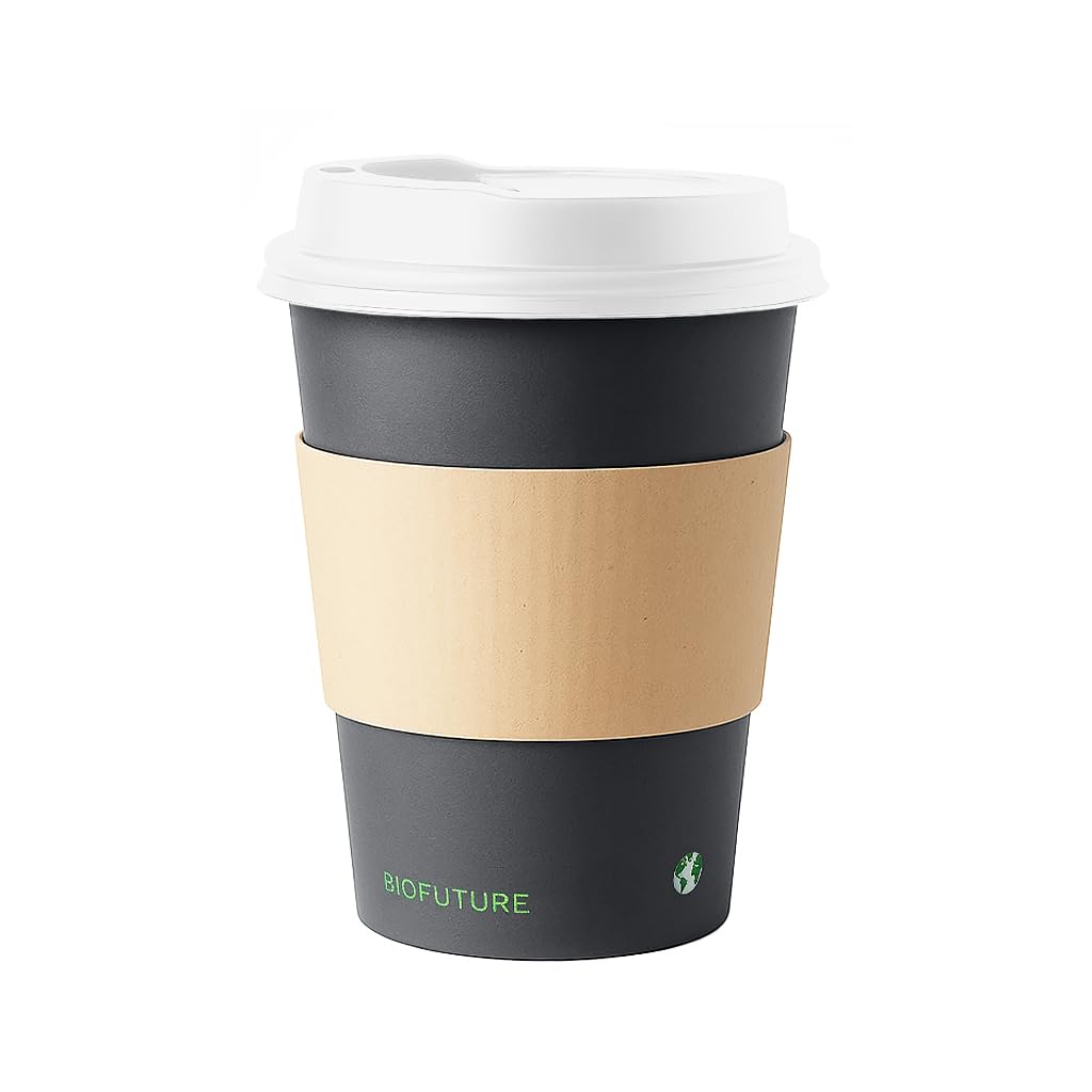 BIOFUTURE 200 x 8oz Disposable Coffee Cups Compostable Paper Cups with White Lids and Sleeves, Eco-Friendly & Biodegradable, Ideal for Hot Drinks, Takeaway or Travel, EN 13432 Certified (Black)