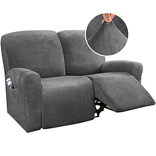 Smarcute 6 Piece Recliner Chair Cover Velvet Stretch Reclining Sofa Cover Couch Cover for 2 Cushion Seat Sofa Slipcover Furniture Covers Form Fit Removalable Thick Soft Washable (2 Seater, Grey)