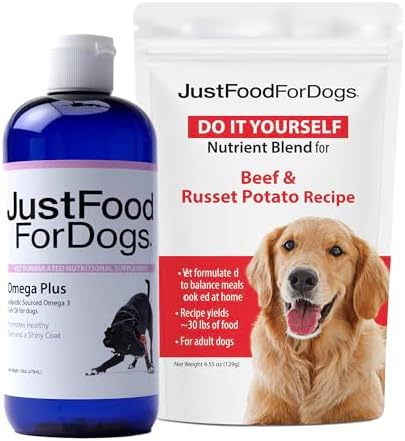 JustFoodForDogsDIY Human Quality Dog Food,Grain Free Nutrient Blend Base Mix for Dogs-Beef and Russet Potato Recipe (129 Grams) & Omega Plus Fish Oil for Dogs-Omega 3 Liquid Supplement for Pets-16 oz image 2