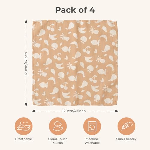 Image of Momcozy Muslin Swaddle Blankets, 4-Pack Breathable and Skin-Friendly Receiving Blankets, Best Wishes Swaddle Blanket Shower Gifts & Baby Registry Essentials, Large 47 inchx47 inch, Fruits Party