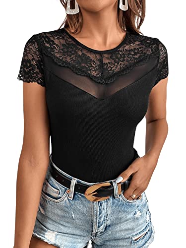 GORGLITTER Damen Spitzen Top Oberteil Mit Mesh Shirt Mit Spitze Schwarz Sexy Tshirt Mit Ausschnitt Rippenstrick Top Schwarz S