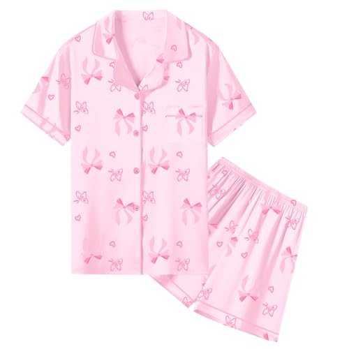 Image of Umeyda Women & Girls Pajamas Set, Soft Satin Lightweight Silk Button-Down Top with Shorts 2 Piece PJS for Mom Boys Kids Gifts
