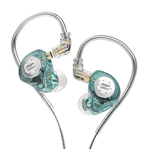 Amazon Basics Pro Series IEM Earphone, HiFi Stereo | 3.5 mm Plug| Dual Magnetic Circuit Dynamic Driver | Resin Inlay Metal Body | Detachable 5N OFC Cable | with Mic |for Audiophiles & Musicians |Cyan