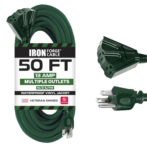 Iron Forge Cable 50ft Green Outdoor Extension Cord with 3 Outlets - 16/3 SJTW 50ft Extension Cord 3 Prong 13 Amp All-Weather Heavy Duty Power Cable