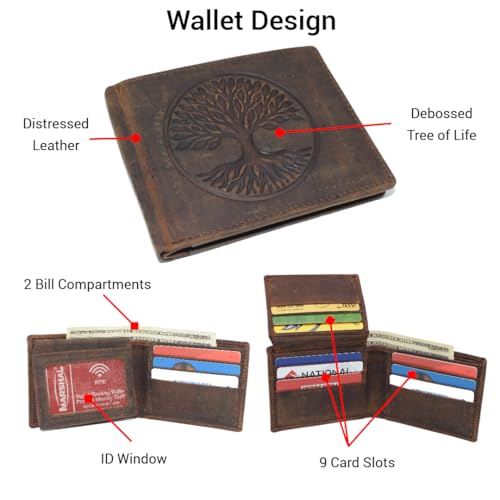 Vintage Leather RFID Protected Men's Bifold Wallet with Tree of Life Design (Brown)4