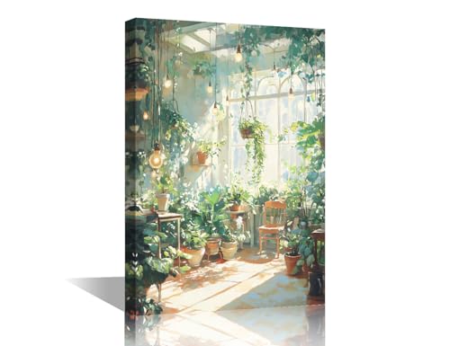 Toile murale plantes vertes TISHIRON cadre bois décoration salon salle de bain