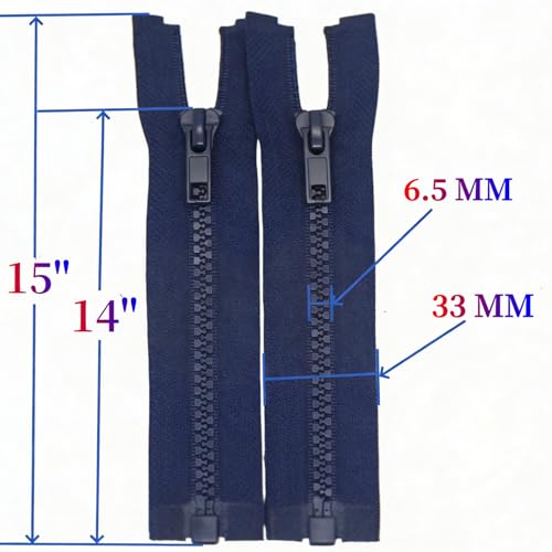 Image of MebuZip 2PCS #5 14 Inch Separating Jacket Zippers for Sewing (Navy Blue) | Resin Zipper Molded Plastic Zippers Bulk for Sewing Jackets Coats Clothes