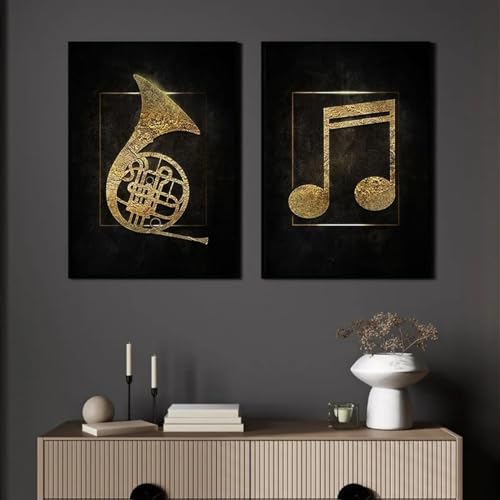 ICOMPY Bürowanddekorationen, Gold Musiknote Instrument Poster Musik Moderne Wandkunst Leinwanddruck Wohnkultur 12x16inch (30x40cm) x2 Kein Rahmen