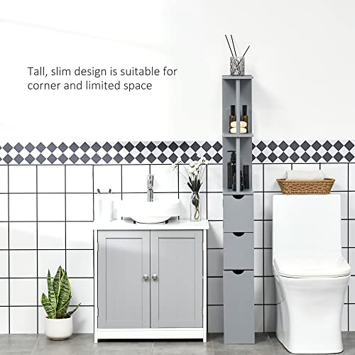 Homcom 54" Tall Bathroom Storage Cabinet, Freestanding Linen Tower With 2-Tier Shelf And Drawers, Narrow Side Floor Organizer, Grey #TOP4