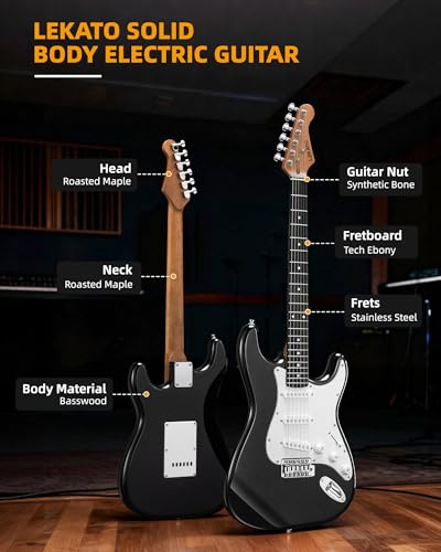 Image of LEKATO Beginner Electric Guitar Kit 39 Inch Full Size Solid Body Guitar SSS for Starter Roasted Maple Neck Stainless Steel Frets, 5w Plug-in Amp, Bag, Tuner, Capo, Strap, Picks, String, Cable - Black