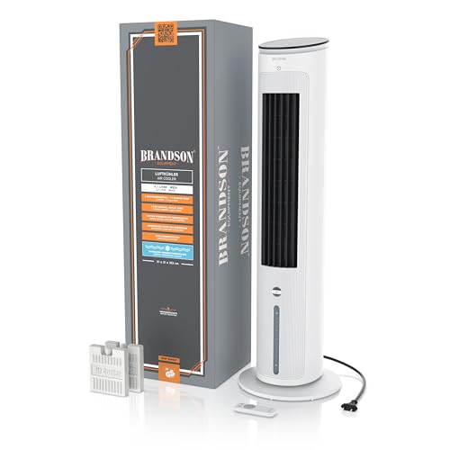 Brandson - Luftkühler mit Wasserkühlung - Verdunstungskühler Preisträger 2026 - Ventilator Turmventilator - mobile Klimaanlage ohne Abluftschlauch - 5 in 1 - leise - 4,7 L Wassertank