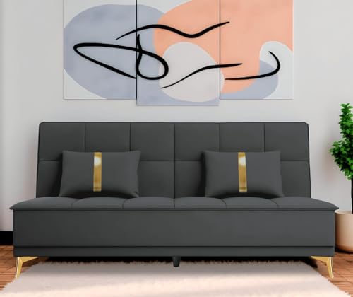 Image of Adorn India Premium New Alyssum 3 Seater Sofa Cum Bed 4X6 Velvet Suede with 2 Cushions (Color Dark Grey) and Suitable for All Indoor, with 3 Years Warranty