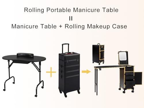 Image of Portable Manicure Table with 3 Drawers, Rolling Foldable Nail Desk with Detachable Mirror, Professional Makeup Train Case with Wheels and TSA Lock for Nail Techs & Salon Use