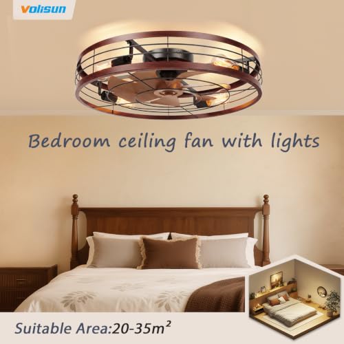 Image of VOLISUN 27.6'' Caged Ceiling Fan with Light and Remote,Rustic Low Profile Ceiling Fan with Light Flush Mount, Farmhouse Bladeless Fandelier Ceiling Fans with Lights for Kitchen,Bedroom-Wood