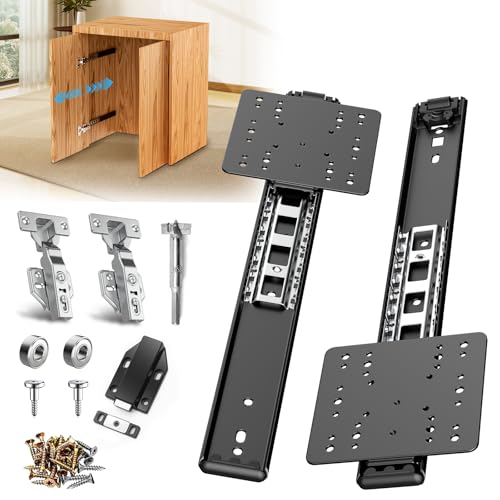 Image of 12in Pocket Door Hardware Slide 1 Set,Cabinet Hidden Sliding Pocket & Pivot Door Rail with Hinge for Heavy Duty Furniture,Soft Close Retractable Hardware Kit for Kitchen & Recessed Wardrobe