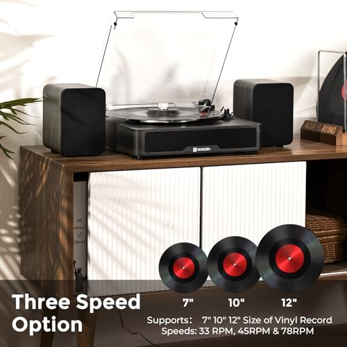 Image of Vangoa Vinyl Record Player with Bookshelf Speakers Bluetooth Vintage Turntable for Vinyl Records Belt-Drive 3 Speed Portable LP Players Wooden Vinyl Players Auto Stop with Cleaning Kits, Black