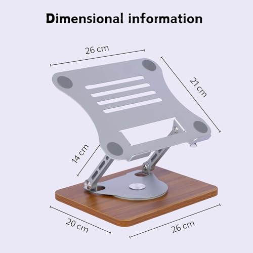 Image of FKU Wooden Laptop Stand | Mechanical Base 360 Rotating Adjustable Height Notebook Stand | Compatible Portable Desktop Bamboo Aluminum and Wooden Portable Laptop Stand with Lifting Base Holder