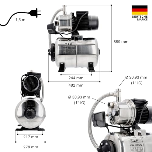 T.I.P. Hauswasserwerk HWW 4500 INOX | Edelstahl | 4.350 l/h | max. 50 m Förderhöhe | 5 bar | 22 l...