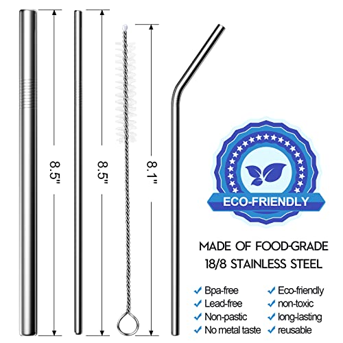 Kometer 8 Pcs Reusable Straws With Cleaning Brush, 8.5" Stainless Steel Suitable For Glasses, Drinks, Cocktails (Silver) #TOP1