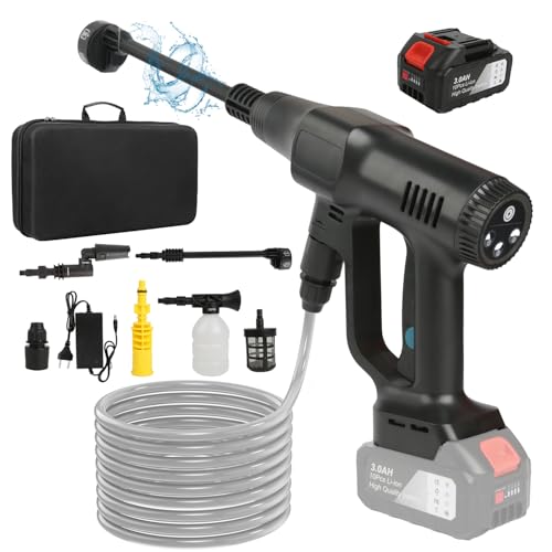 Max Hogedrukreiniger, 200 bar, mobiele hogedrukreiniger-pistool, 6-in-1 mondstuk, verstelbaar mondstuk en 5 m slang, hogedrukpistool voor auto, terras, tuin, hek, zwembad (met 1 x 15000 mAh accu)