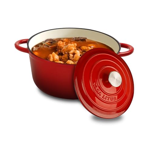 Consejos para Comprar Olla para estofados - los preferidos. 49 CASA LITUS Olla de Hierro Fundido 3.9L Rojo tipo Dutch Oven para Horno y Estufa, Horno Holandés Esmaltado con Tapa, Cacerola Antiadherente de Cocción Uniforme para Hornear y...