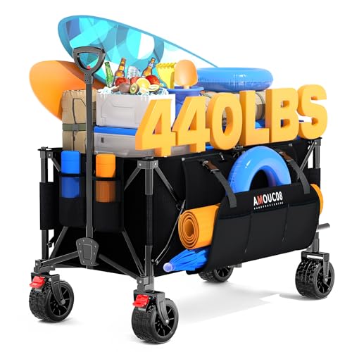 300L Large Wagons Carts Foldable, Heavy-Duty Collapsible Wagon Cart with All-Terrain Wheels, 440 lbs Capacity, Compact Folding Wagon for Camping, Beach, Sports, and Outdoor Hauling by AMADA HOMEFURNISHING - Used condition - US$61.60