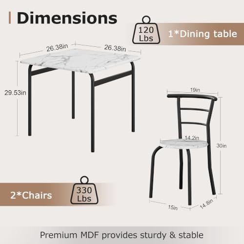 Image of VECELO 3-Piece Dining Table Set for Kitchen Breakfast Nook, Faux Marble Square Tabletop and Metal Frame, for Small Spaces, White & Black