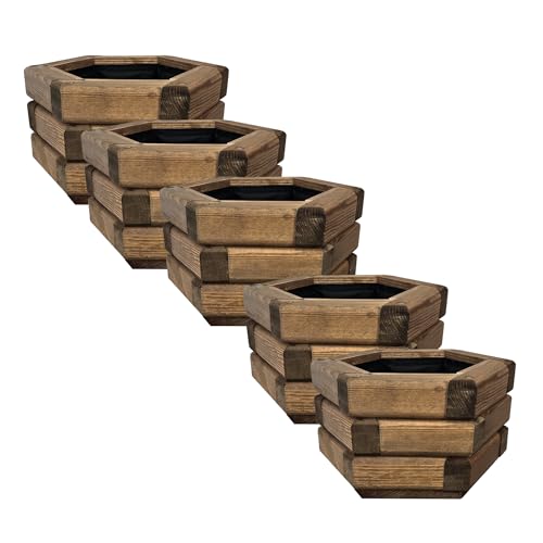 HolzGarden 5 Stück Pflanzkübel Holz 30x20x26 cm Sechseckige Imprägniert Farbe Teak Wetterfest Blumenkasten Blumentopf Außen Balkon Garten Pflanzkasten Outdoor 7l