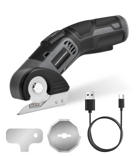 EiGuoerl 4V Cordless Electric Scissors, Lightweight Rotary Cutter with 2 Blades & USB Charging, for Cardboard Fabric Leather Carpet Plastic Rope Cutting, Safety Lock for Home DIY Craft Use