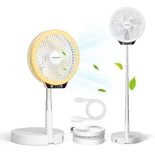 Aigostar Ventilador de pie portátil plegable， 8000mAh ventilador usb， ventilador con altura ajustable hasta 1m y aro de luz LED. 4 Velocidades y Autonomía 22h， Paula
