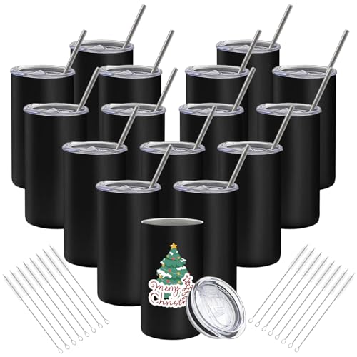 16 Pack Tumblers Blanks Bulk Skinny Straight Tumbler Stainless Steel Double Wall Insulated Water Bottles with Lid & Straw for DIY Gift, 12oz Black