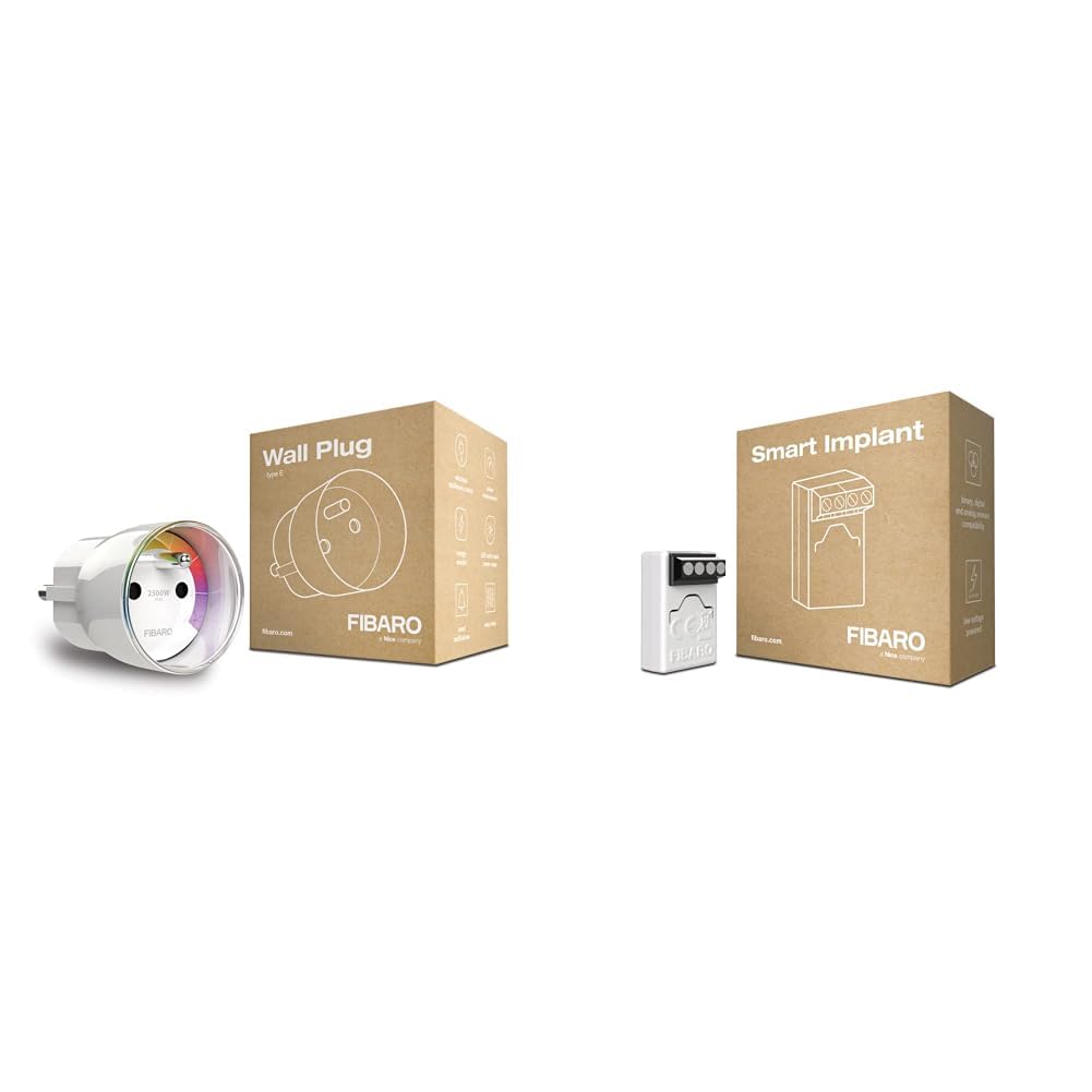 FIBARO Wall Plug/Prise Intelligente Type E, Z-Wave +, Incolore & Smart implant/Détecteur Universel Z- Wave +, Gris