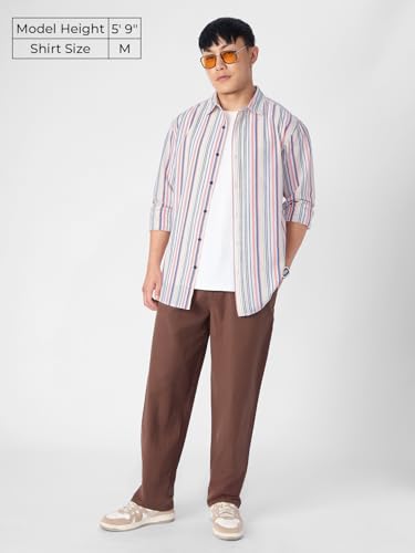 Image of The Souled Store Cotton Linen Stripes: Apricot Men and Boys Long Sleeves Collared Neck Orange Stripes Regular Fit Lightweight Comfortable Summer Cotton Linen Shirts