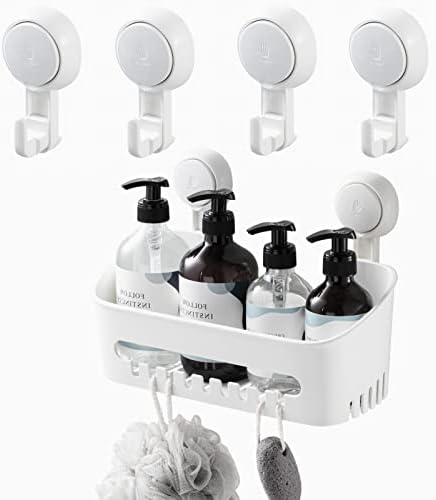 VELMADE Shower Caddy, Shower Shelves 5 Pack, Suction Cup Shower Caddy with 4 Strong Suction Cup Hooks, No Drilling Shower Organizer with Large Capacity, Heavy Duty Wall Mounted Removable, White