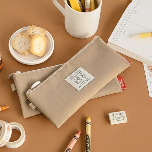 Image of Monolike Happy and Lucky Daily pen case, Beige - Slim Water-Resistant Nylon Pen Pouch, Aesthetic Vivid Stationery Organizer for Office
