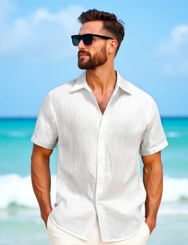 Men's Knit Shirt Summer Casual Short Sleeve Button Down Shirt for Beach Vacation2