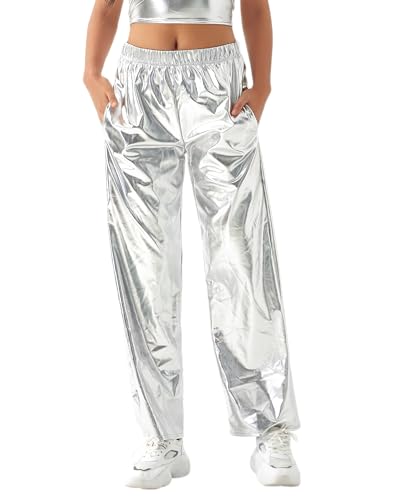 NewL Women Shiny Hip Hop Trousers Metallic Wetlook Wide Leg Pants Retro Disco Hippie Club Straight...