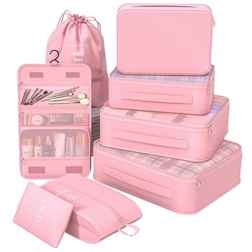 8 Set Packing Cubes for Travel Suitcase Organizer Bags for Luggage with Shoe & Hanging Toiletry Bag Vacation Essentials & Accessories for Cruise Ship Airplane Must-Have Road Trip & Camp Gifts(Pink)