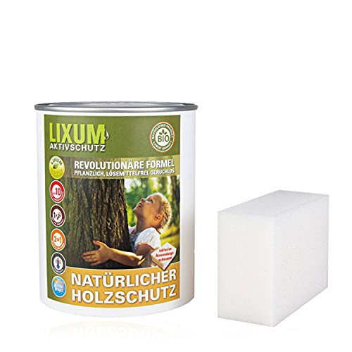 LIXUM 100% biologische & natürliche BIO Holzschutz Lasur - universell, Farbe:farblos 0.00, Inhalt:1000 ml (ca.30m²), inkl. Zubehör:Schwamm