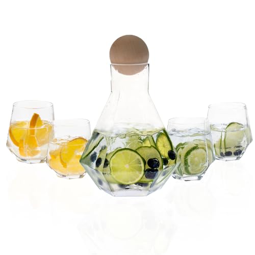 EMVPE Juego de vasos de cristal de diamante, jarra de agua de 1,3 l, cuatro vasos de 250 ml, jarra de cristal con tapa, juego de vasos de agua, vasos de cristal, botella de whisky, vasos de cóctel