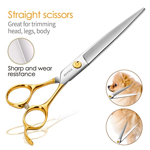 Fogosp Professional 7" Dog Grooming Scissors Kit 4Pcs, Jp 440C Stainless Steel Curved Blender Straight Chunker Shears For Dog Cat And Pets (7 In Kit, Gold) #TOP5