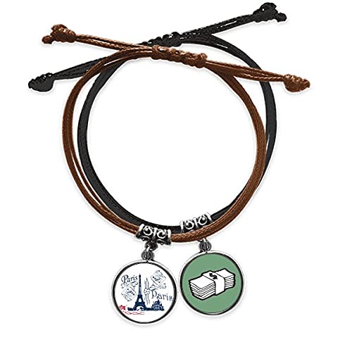 Pulsera de Torre Eiffel de París con cuerda de mano negra y cadena de cuero de moda