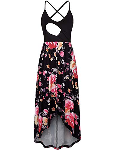 BAIKEA Cami Midi Dress,Nursing Dress Flattering Dresses for Women Floral Cami Dress Sleeveless Crew Neck Above Knee Length Plain Contrast Color Form Fitting Petite Boutique Clothing Black S