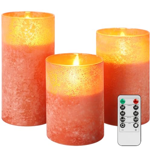 Image of Flameless Candles with Remote Orange Glass LED Pillar Candles Set of 3 | Realistic Wax Flame Effect, 2 /4 /6 /8H Timer, Battery Operated, Soft Ambient Glow for Home, Wedding & Holiday Decor
