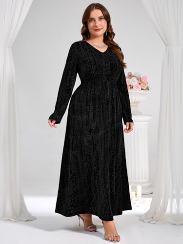 ZOMVA Plus Size Sparkly Formal Dress A-Line V-Neck Long Sleeve Glitter Maxi Gown Wedding Guest Cocktail Evening Party4