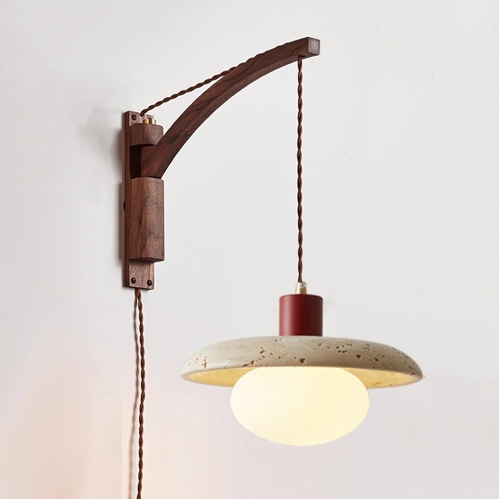 ITOSUI Mid Century Plug-in Wall Sconce Swing Arm - Adjustable Rustic Wood and Marble Reading Light for Bedroom, Living Room, and Farmhouse(D Style)